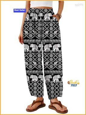 Women's Wide Leg Palazzo Pants Elastic Smocked Waist Pockets Wrap Hem Casual